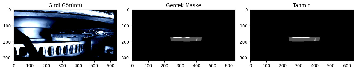 DeepLab deneyinde tam görüntü, gerçek etiket ve tahmin maskesi yan yana.