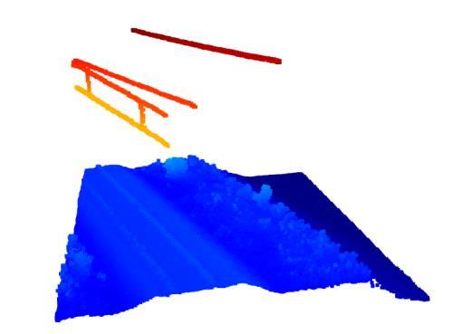 Open3D işleme örneği: mavi yüzeyin üzerinde renkli çizgisel yapılar.