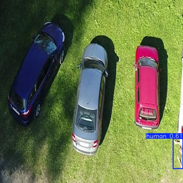Çimenlikte park etmiş üç otomobilin tepeden görüntüsü; sağ kenarda kısmen görünen bir kişi 0.61 güvenle insan olarak işaretlenmiş.